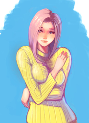Size: 1250x1714 | Tagged: safe, artist:quizzicalkisses, fluttershy, human, g4, arm boob squeeze, arm under breasts, beautiful, breast hold, breasts, clothes, female, humanized, smiling, solo, sweater, sweater puppies, sweatershy, tight clothing