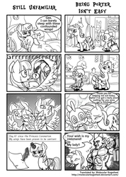 Size: 1819x2551 | Tagged: safe, artist:mrs1989, rarity, spike, twilight sparkle, alicorn, dragon, pony, unicorn, g4, 4koma, :t, abs, annoyed, beefspike, blushing, carrying, comic, eyes closed, female, frown, glare, grin, looking back, magic, male, mare, monochrome, mouth hold, muscles, nose wrinkle, nuzzling, preening, puffy cheeks, question mark, raised leg, slap, slapping, smiling, smirk, smoke, snorting, spread wings, telekinesis, tired, twilight sparkle (alicorn), wide eyes, wing hands, wings, writing