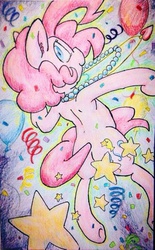 Size: 563x908 | Tagged: safe, artist:thekatwoman, pinkie pie, g4, balloon, butt, confetti, female, looking back, necklace, party, plot, solo, traditional art