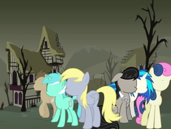 Size: 1032x774 | Tagged: safe, artist:mlp-jolt, bon bon, derpy hooves, dj pon-3, doctor whooves, lyra heartstrings, octavia melody, sweetie drops, time turner, vinyl scratch, pegasus, pony, g4, background six, bad end, creepypasta, female, imminent death, mare, no face, slenderpony, xk-class end-of-the-world scenario