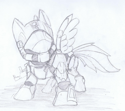 Size: 1648x1456 | Tagged: safe, artist:fangedwind, rainbow dash, g4, armor, crossover, female, grayscale, halo (series), monochrome, odst, sketch, solo, traditional art