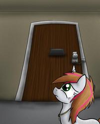 Size: 640x798 | Tagged: safe, artist:paper-pony, oc, oc only, oc:rosy stripes, fanfic:first pony view, door, fanfic art, key, lock, solo