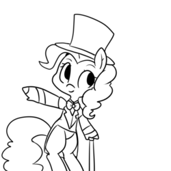 Size: 1000x1000 | Tagged: safe, artist:pegacornss, pinkie pie, earth pony, pony, g4, bipedal, black and white, cane, clothes, female, frock coat, grayscale, hat, lineart, monochrome, simple background, solo, suit, top hat