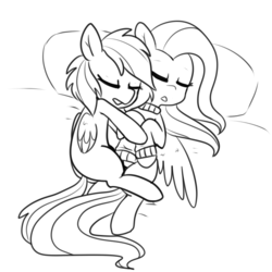 Size: 1000x1000 | Tagged: safe, artist:pegacornss, fluttershy, rainbow dash, g4, bed, bottomless, clothes, cuddling, female, grayscale, lesbian, monochrome, partial nudity, ship:flutterdash, shipping, snuggling, sweater, sweatershy