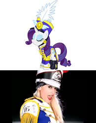 Size: 638x819 | Tagged: safe, artist:vladimirmacholzraum, screencap, rarity, human, pony, unicorn, g4, ancient wonderbolts uniform, black background, boots, clothes, comparison, costume, female, gwen stefani, hat, hollaback girl, mare, open mouth, sgt. rarity, shako, shoes, simple background, uniform, white background, youtube