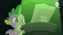 Size: 1832x1018 | Tagged: safe, screencap, spike, dragon, g4, inspiration manifestation, book, hub logo, inspiration manifestation book, male, solo