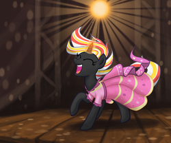 Size: 1200x1000 | Tagged: safe, artist:gingermint, artist:icekatze, oc, oc only, oc:velvet remedy, pony, unicorn, fallout equestria, clothes, dress, fanfic, fanfic art, female, gala dress, glowing horn, horn, magic, mare, open mouth, solo, stage, unicorn oc