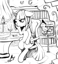 Size: 928x1026 | Tagged: safe, artist:coldbest, twilight sparkle, semi-anthro, g4, interior, lineart, monochrome, sitting, table