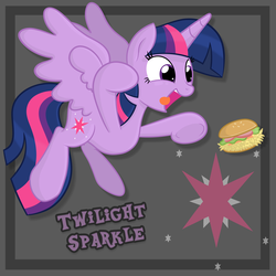 Size: 5790x5790 | Tagged: safe, artist:thebrokencog, twilight sparkle, alicorn, pony, g4, absurd resolution, female, hay burger, mare, pounce, smiling, solo, that pony sure does love burgers, tongue out, twilight burgkle, twilight sparkle (alicorn), underhoof
