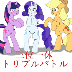 Size: 1024x1024 | Tagged: safe, artist:wonton soup, applejack, rarity, twilight sparkle, g4, japanese