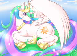 Size: 1710x1245 | Tagged: artist needed, safe, princess celestia, alicorn, pony, g4, cloud, female, grass, looking at you, mare, on side, pixiv, sky, solo, spread wings, wings