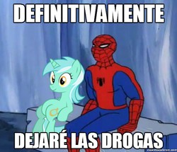 Size: 550x473 | Tagged: safe, lyra heartstrings, g4, 60s spider-man, drugs, male, meme, sitting lyra, spanish, spider-man, translated in the description