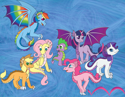 Size: 3202x2496 | Tagged: safe, artist:white-tigress-12158, applejack, fluttershy, pinkie pie, rainbow dash, rarity, spike, twilight sparkle, dragon, g4, blue background, colored wings, dragoness, dragonified, dragonjack, female, flutterdragon, high res, mane seven, mane six, multicolored wings, pinkiedragon, pronking, rainbow dragon, rainbow wings, raridragon, simple background, species swap, twilidragon, twilight sparkle (alicorn)