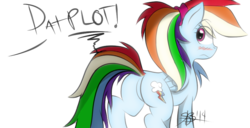 Size: 767x393 | Tagged: safe, artist:xxxsketchbookxxx, rainbow dash, pegasus, pony, g4, best pony, blushing, butt, featureless crotch, female, mare, plot, ponytail, solo