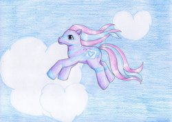 Size: 1024x727 | Tagged: safe, artist:normaleeinsane, starswirl, earth pony, pony, g1, 2014, cloud, colored pencil drawing, colorswirl ponies, female, flying, mare, sky, solo, traditional art
