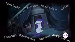 Size: 800x450 | Tagged: safe, screencap, rarity, for whom the sweetie belle toils, g4, bad future, breakdown, clint eastwood, dark, female, gorillaz, hub logo, insanity, lyrics, solo, song reference