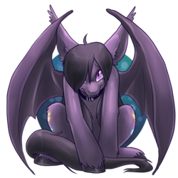 Size: 2000x2000 | Tagged: safe, artist:pixel-prism, oc, oc only, oc:wallflower, bat pony, pony, collar, fangs, female, frown, hair over one eye, high res, impossibly large ears, long mane, long tail, looking at you, neighvada nights, shy, sitting, solo, spread wings, unshorn fetlocks
