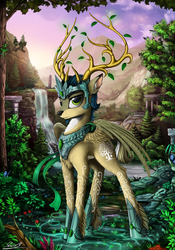 Size: 1750x2500 | Tagged: safe, artist:yakovlev-vad, oc, oc only, oc:prince vernalis, deer, eikerren, original species, peryton, branches for antlers, chest fluff, crown, detailed, flower, hoof shoes, leaf, leg fluff, mountain, necklace, pale belly, ruins, scenery, solo, waterfall, wings