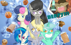 Size: 1900x1200 | Tagged: safe, artist:kristoonzartist76, bon bon, derpy hooves, dj pon-3, doctor whooves, lyra heartstrings, octavia melody, sweetie drops, time turner, vinyl scratch, earth pony, pegasus, pony, unicorn, g4, background six, female, hand, male, mare, stallion