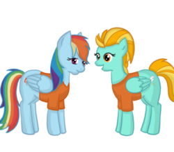 Size: 800x700 | Tagged: safe, artist:alex-mewmew, lightning dust, rainbow dash, pegasus, pony, g4, clothes, comforting, duo, duo female, female, mare, prison outfit, prisoner, prisoner rd, sad, simple background, transparent background