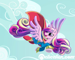 Size: 800x640 | Tagged: safe, artist:alienfirst, princess cadance, g4, clothes, costume, female, flying, solo, supergirl, superhero, watermark