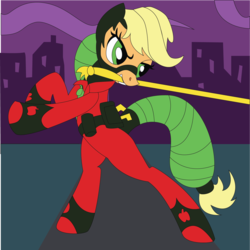 Size: 1801x1799 | Tagged: safe, artist:the-paper-pony, applejack, mistress marevelous, g4, power ponies (episode), clothes, costume, female, lasso, mouth hold, power ponies, rearing, solo