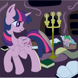 Size: 1803x1813 | Tagged: safe, artist:the-paper-pony, spike, twilight sparkle, alicorn, pony, g4, book, female, library, looking back, mare, raised hoof, sleeping, smiling, twilight sparkle (alicorn)