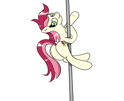Size: 1600x1300 | Tagged: artist needed, source needed, safe, roseluck, earth pony, pony, g4, butt, female, looking at you, looking back, mare, plot, pole, pole dancing, smiling, solo, stripper pole
