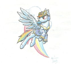 Size: 938x852 | Tagged: safe, artist:theandymac, rainbow dash, g4, clothes, female, goggles, leather jacket, solo, traditional art, wonderbolts