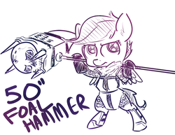 Size: 1280x990 | Tagged: safe, artist:nobody, scootaloo, g4, female, solo, war hammer, weapon