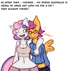 Size: 1280x1334 | Tagged: safe, artist:somescrub, scootaloo, sweetie belle, anthro, ask nudist sweetie belle, g4, belly button, blushing, breast grab, breasts, busty sweetie belle, explicit source, glasses, grope, hug, midriff, older, open mouth, smiling, wide hips, wink