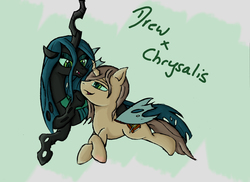 Size: 2338x1700 | Tagged: safe, artist:omnitoast, queen chrysalis, oc, oc:poisoned soul, changeling, g4, bedroom eyes, canon x oc, changelingified, chrysalislover, eye contact, prone, smiling