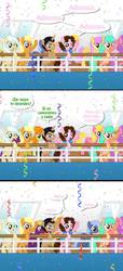 Size: 438x960 | Tagged: safe, artist:shinta-girl, ambrosia, apple cobbler, carrot top, cherry berry, cindy block, golden harvest, sunny rays, oc, oc:shinta pony, g4, aaron pony, apple family member, background pony, comic, confetti, cruise ship, spanish, translated in the comments
