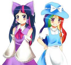 Size: 700x637 | Tagged: safe, artist:lich, rainbow dash, twilight sparkle, human, g4, blushing, crossover, hakurei reimu, humanized, kirisame marisa, looking at you, rainbow dash always dresses in style, smiling, smiling at you, touhou