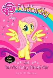 Size: 1103x1600 | Tagged: safe, fluttershy, pegasus, pony, g4, my little pony chapter books, my little pony: fluttershy and the fine furry friends fair, official, book, book cover, female, looking at you, mare, my little pony logo, open mouth, open smile, smiling, solo, spread wings, tail, wings