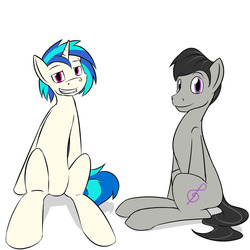 Size: 1280x1280 | Tagged: safe, artist:fuzebox, dj pon-3, octavia melody, vinyl scratch, pony, g4, duo, duo male, featureless crotch, grin, male, octavius, record scrape, rule 63, stallion, track spin