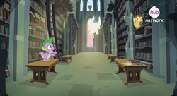 Size: 1910x1037 | Tagged: safe, screencap, owlowiscious, spike, g4, inspiration manifestation, book, castle of the royal pony sisters, hub logo, library, ruins