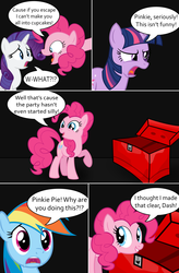 Size: 1655x2523 | Tagged: safe, artist:reitanna-seishin, fluttershy, pinkie pie, rainbow dash, rarity, twilight sparkle, fanfic:cupcakes, g4, comic, pinkie's party