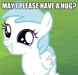 Size: 485x468 | Tagged: safe, cotton cloudy, g4, trade ya!, bronybait, cottonbetes, cute, hug request, image macro, meme, solo, weapons-grade cute