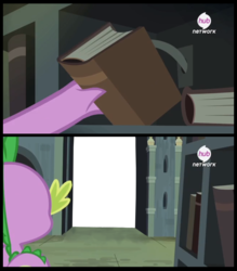 Size: 1314x1499 | Tagged: safe, spike, g4, inspiration manifestation, my little pony: friendship is magic, book, exploitable meme, hub logo, meme, secret door