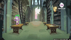 Size: 640x360 | Tagged: safe, screencap, owlowiscious, spike, dragon, owl, g4, inspiration manifestation, animated, castle of the royal pony sisters, duo, hub logo, hubble, library, male, the hub