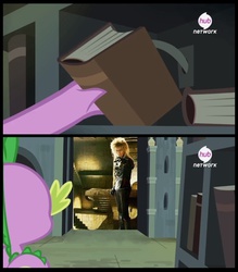 Size: 898x1024 | Tagged: safe, spike, dragon, g4, inspiration manifestation, my little pony: friendship is magic, book, david bowie, exploitable meme, goblin king, hub logo, jareth, labyrinth (movie), male, meme, movie reference, secret door