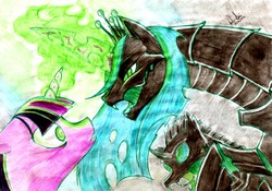 Size: 2281x1597 | Tagged: safe, artist:thanatos1988, queen chrysalis, twilight sparkle, changeling, changeling queen, g4, female, mind control, traditional art