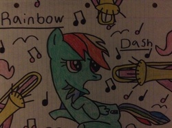 Size: 2592x1936 | Tagged: safe, artist:pizzamovies, pinkie pie, rainbow dash, g4, annoying, cloudsdale, musical instrument, sharpie, traditional art, trombone, worst nightmare