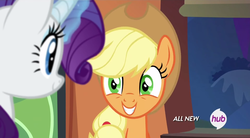 Size: 1277x704 | Tagged: safe, screencap, applejack, rarity, g4, trade ya!, hub logo