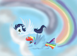 Size: 1024x740 | Tagged: safe, artist:1231redflame, rainbow dash, soarin', g4, flying, glide, rainbow blitz, rule 63