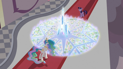 Size: 1365x768 | Tagged: safe, screencap, princess celestia, twilight sparkle, alicorn, pony, unicorn, g4, the crystal empire, butt, crystal castle, duo, ethereal mane, female, hologram, mare, plot, unicorn twilight