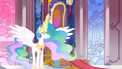 Size: 1365x768 | Tagged: safe, screencap, princess celestia, alicorn, pony, g4, my little pony: friendship is magic, the crystal empire, canterlot throne room, ethereal mane, eyes closed, female, mare, solo, spread wings, wings