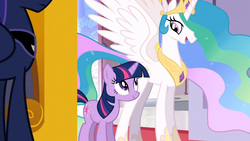 Size: 1365x768 | Tagged: safe, screencap, princess celestia, princess luna, twilight sparkle, alicorn, pony, unicorn, g4, my little pony: friendship is magic, the crystal empire, duo focus, ethereal mane, female, mare, spread wings, unicorn twilight, wings