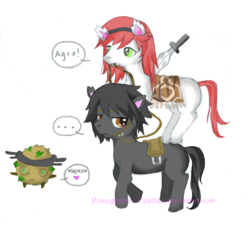Size: 720x649 | Tagged: dead source, safe, artist:pomegranate-feather, ..., :3, agro, bridle, crossover, frown, heart, mouth hold, ponies riding ponies, raised hoof, reins, riding, saddle, shadow of the colossus, squee, sword, unamused, weapon